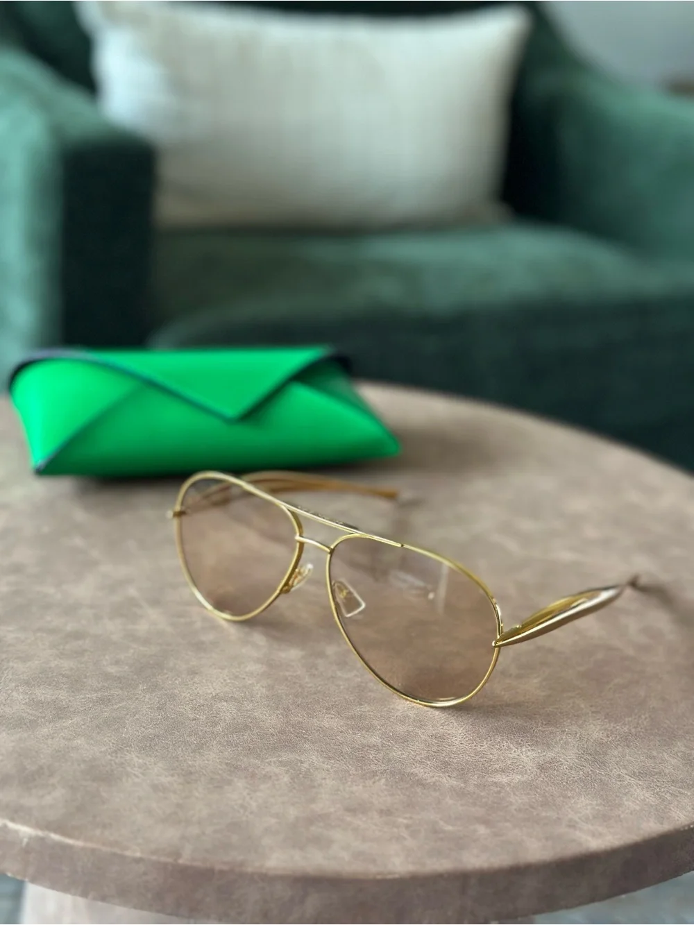 Bottega Veneta Gold Aviator Sunglasses with Green Case